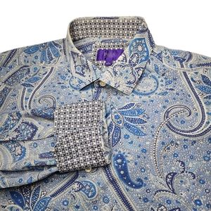 TALLIA Mens Blue Paisley Long Sleeve Collared Button Down Dress Shirt - Large